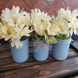 Farmhouse Rustic Textured Chalk Blue Mason Jar Set